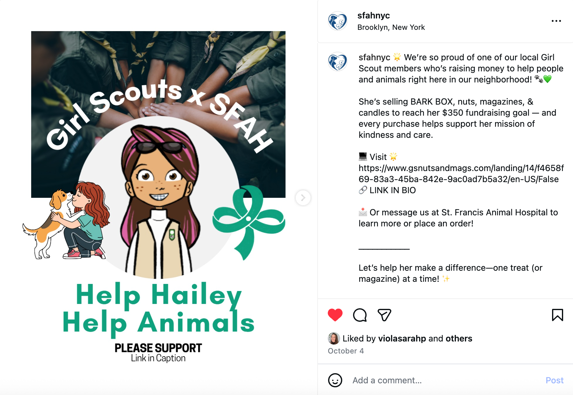 Social media marketing Girl Scout fundraiser: girl with dog, text