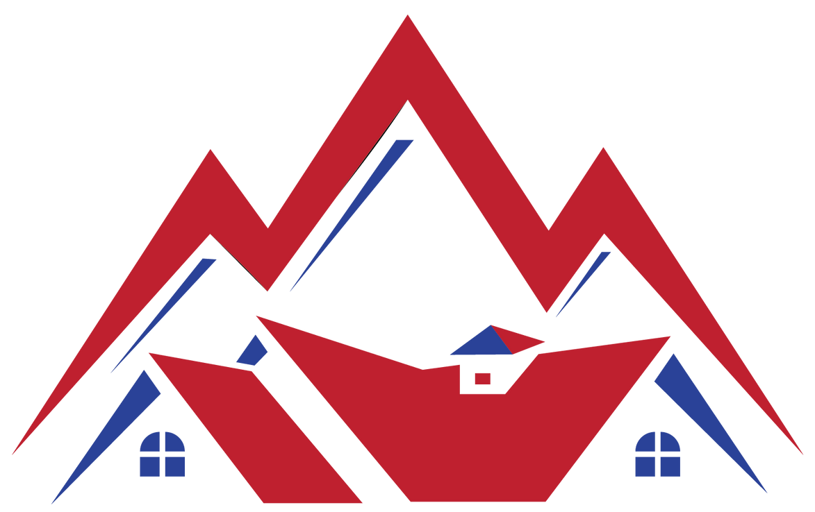 A red and blue mountain with a house on the roof.