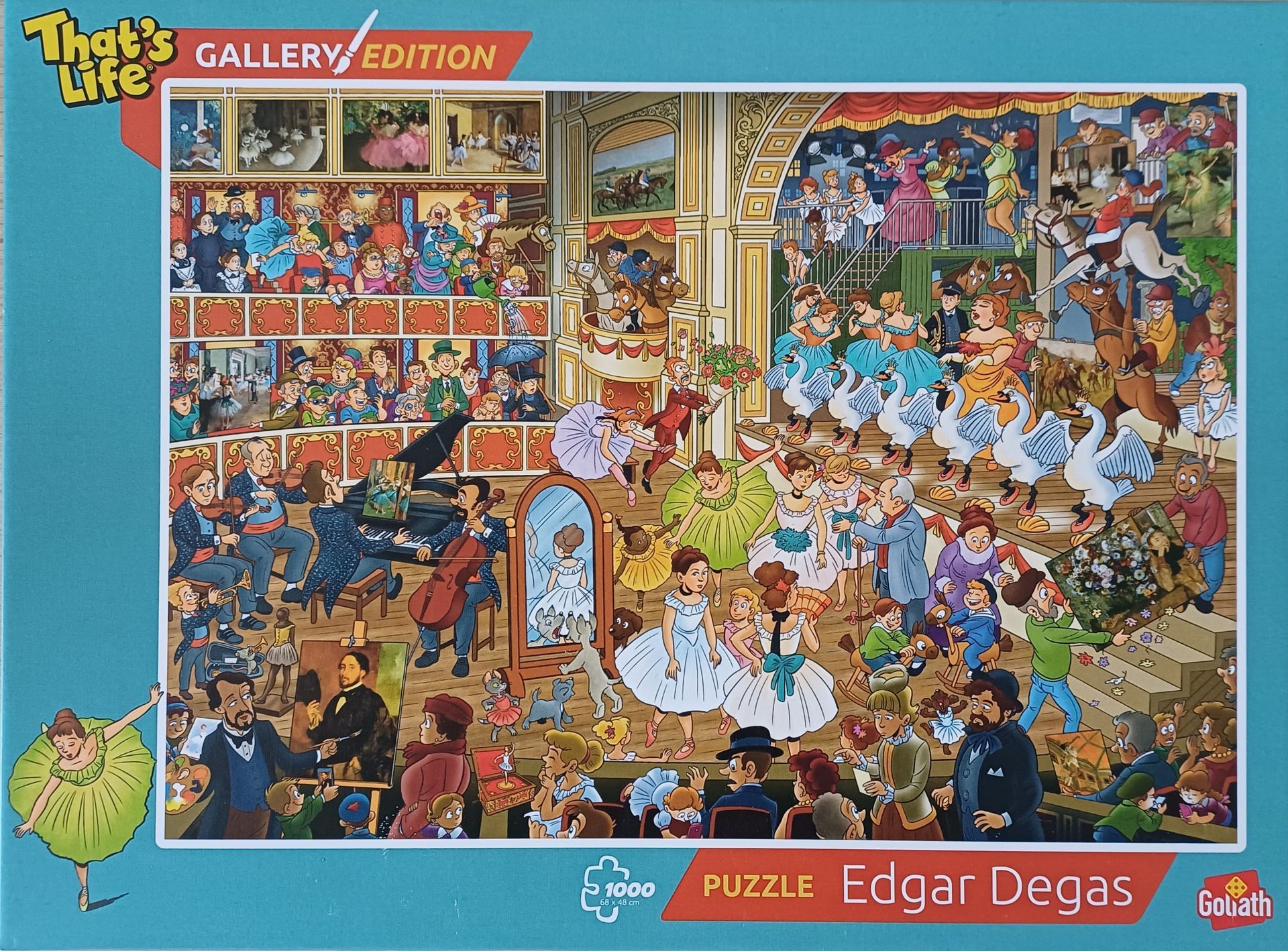 Een puzzel van een kunstgalerie met talloze mensen, kleurrijke kunstwerken en een muzikale uitvoering.