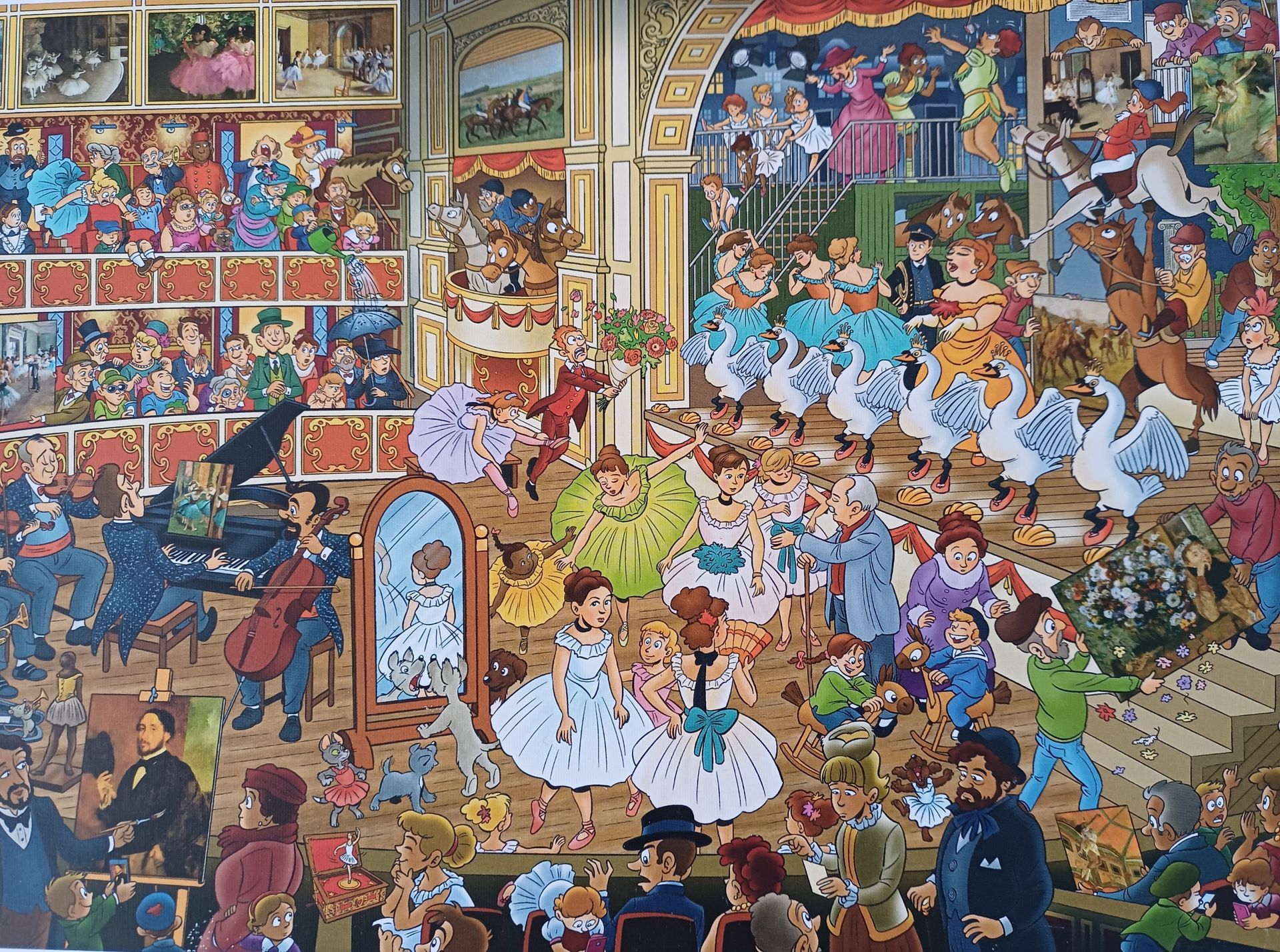 Een puzzel van een kunstgalerie met talloze mensen, kleurrijke kunstwerken en een muzikale uitvoering.