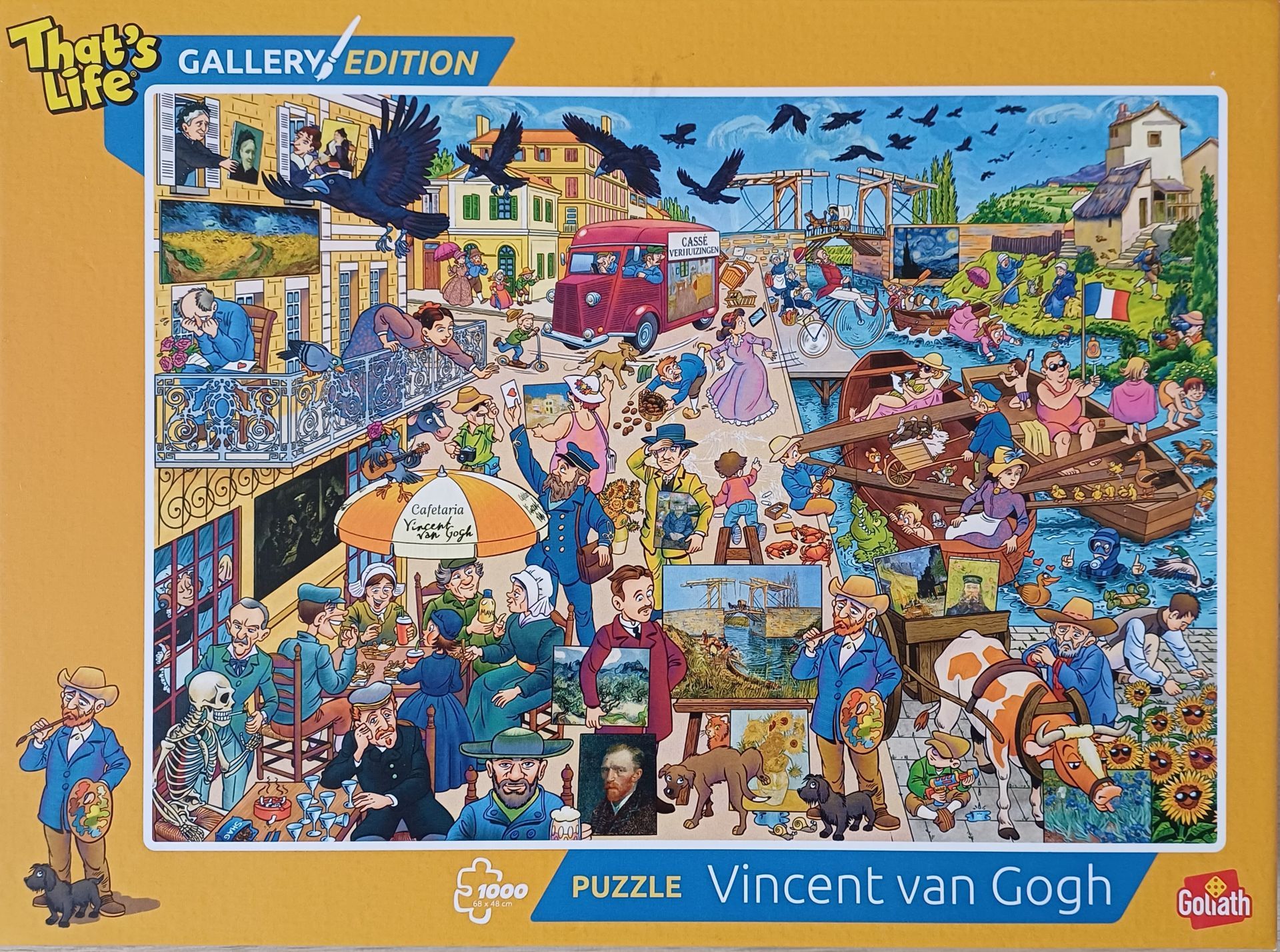 Puzzel van een drukke scène, geïnspireerd door Vincent van Gogh. Kleurrijke afbeelding van mensen, gebouwen en kraaien.