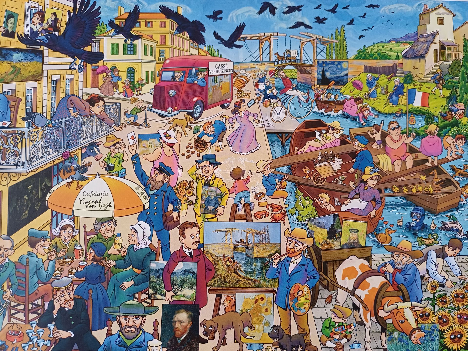 Puzzel van een drukke scène, geïnspireerd door Vincent van Gogh. Kleurrijke afbeelding van mensen, gebouwen en kraaien.