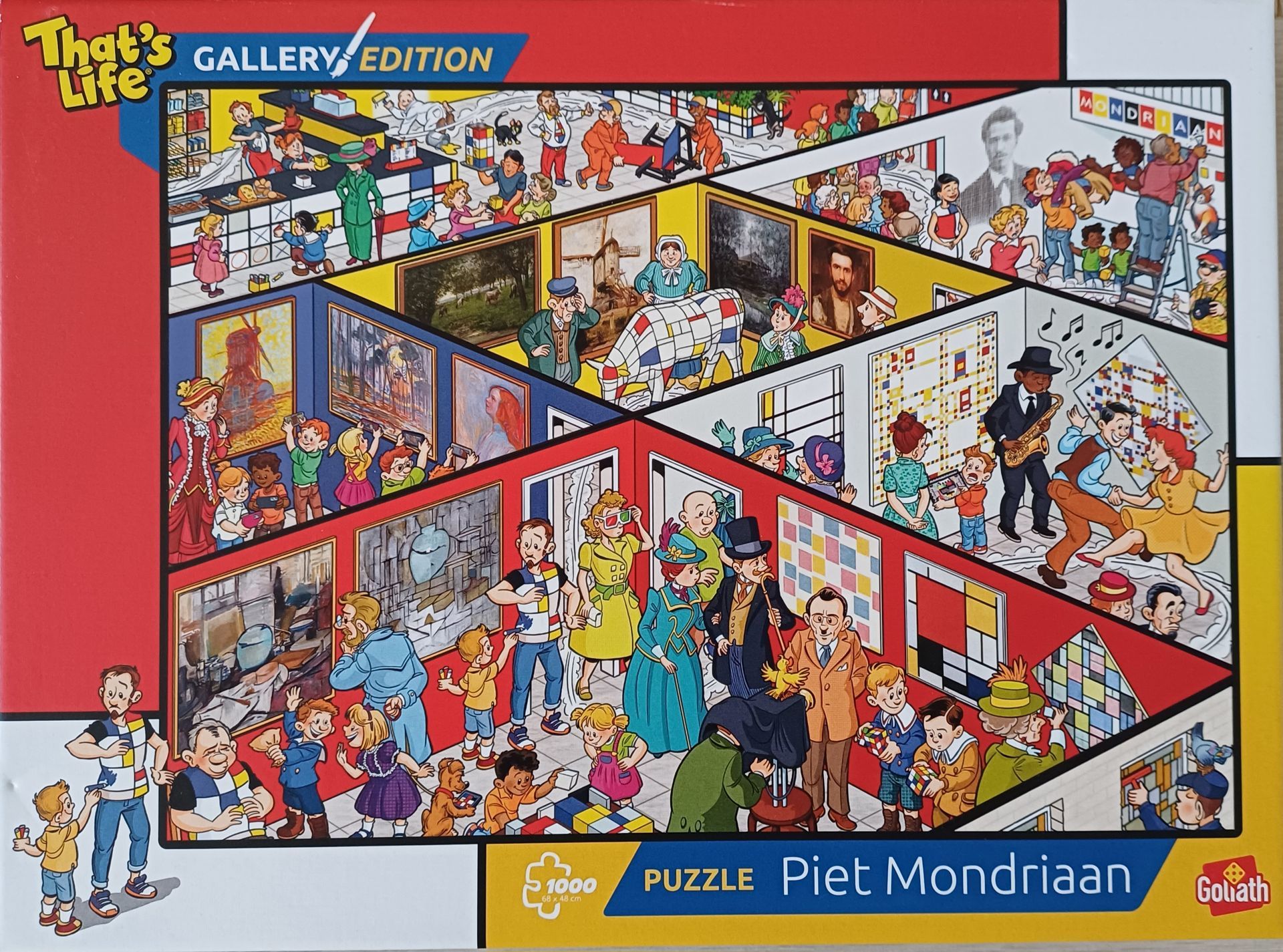 Een puzzel die een galerie met kunst, mensen en een schilderij van Mondrian afbeeldt.