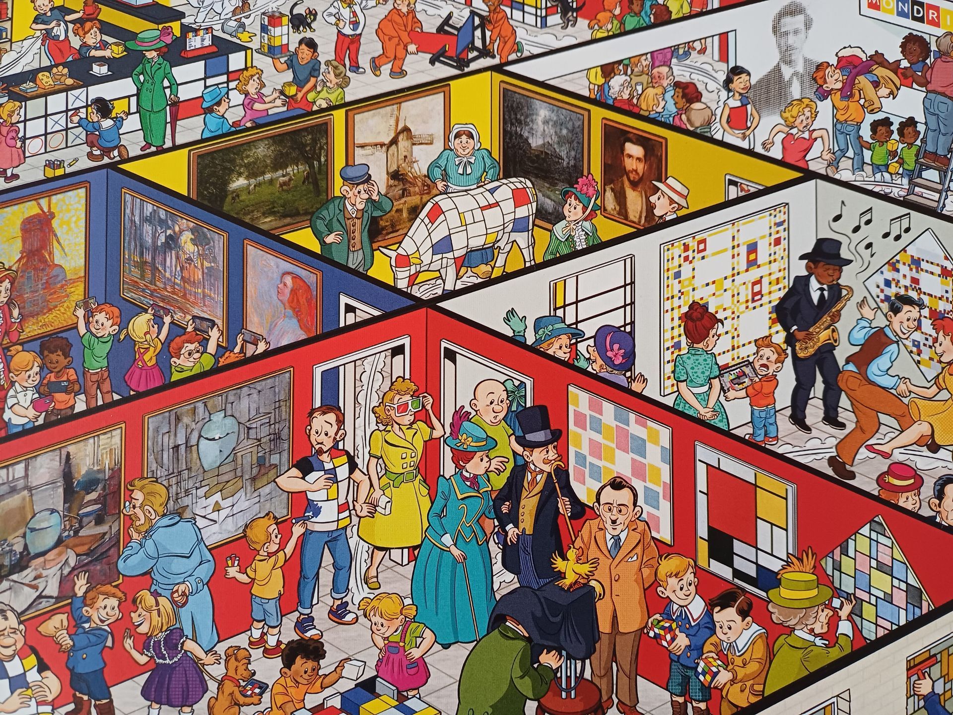 Een puzzel die een galerie met kunst, mensen en een schilderij van Mondrian afbeeldt.