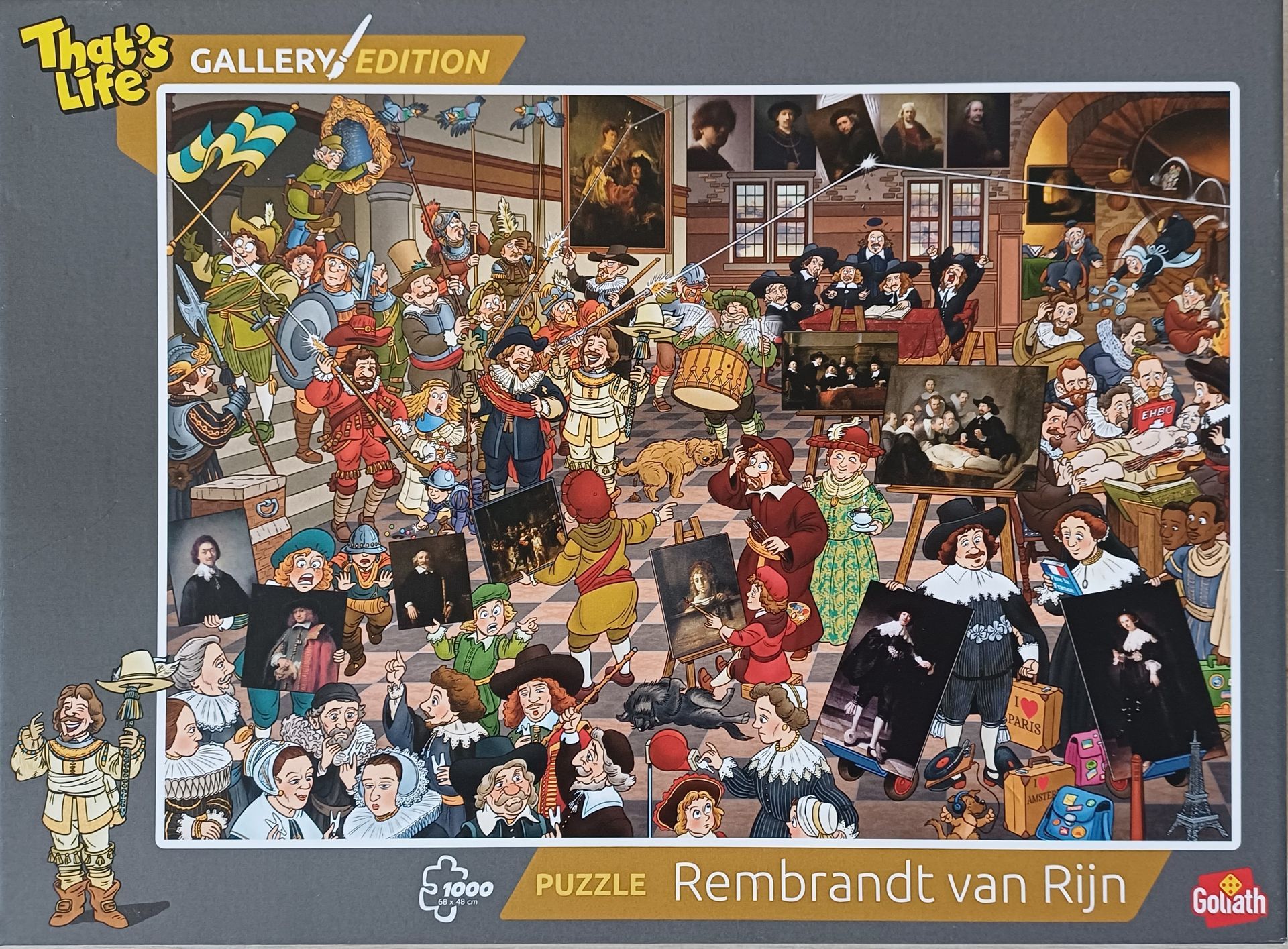 Puzzel: een overvolle galerij met stripfiguren en schilderijen, gebaseerd op de kunststijl van Rembrandt van Rijn.