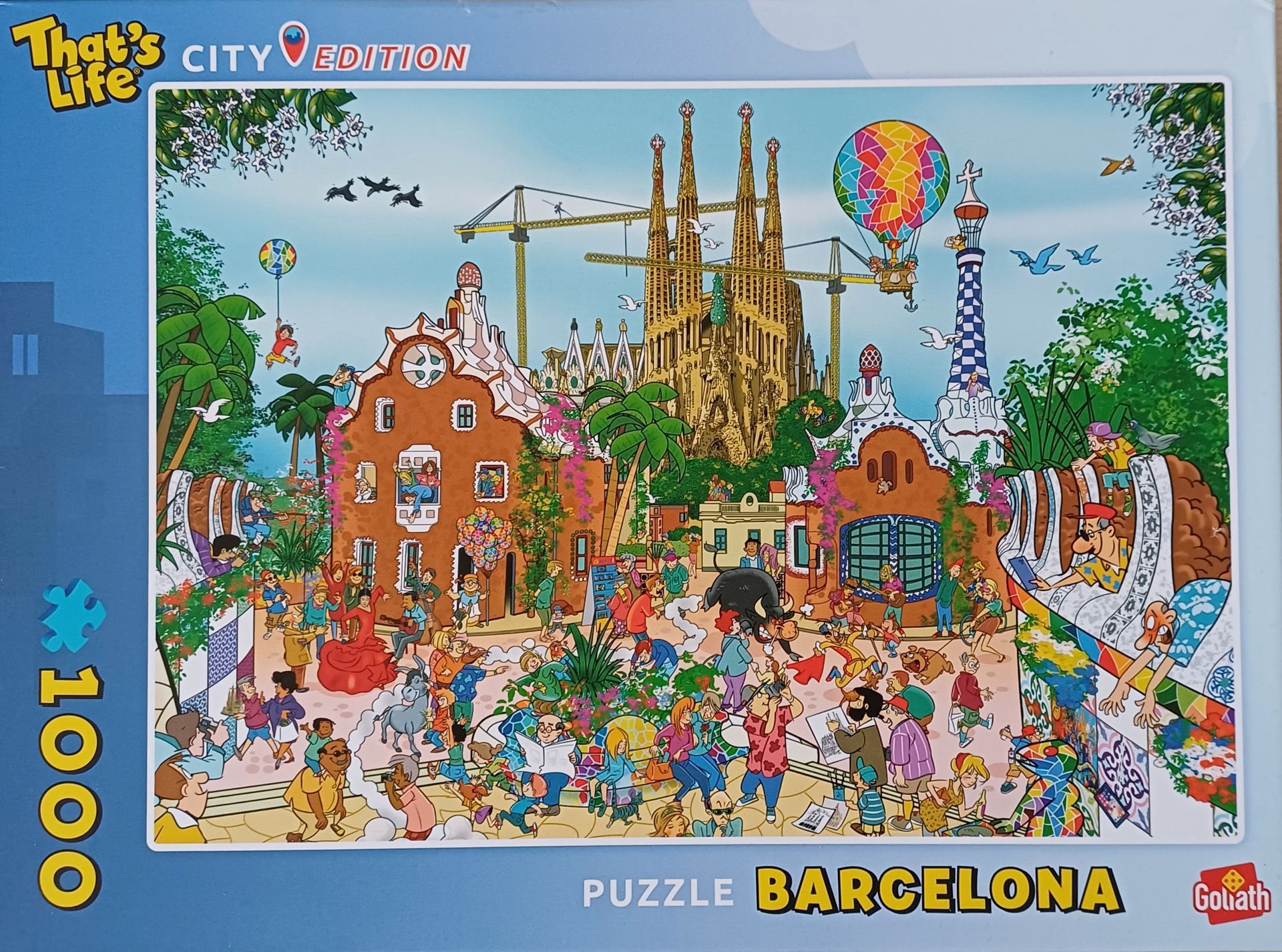 Puzzel van een kleurrijke scène uit Barcelona met mensen, gebouwen en een heteluchtballon.