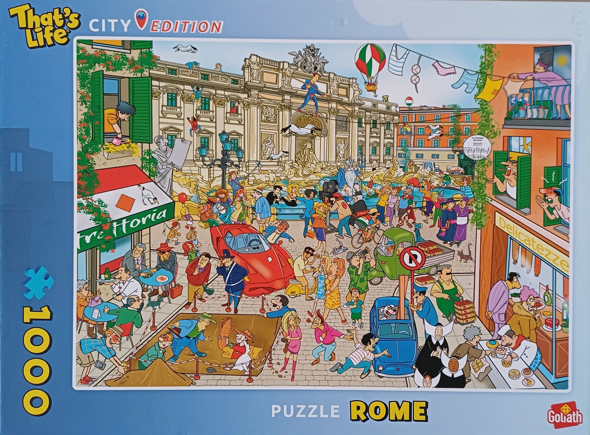 Puzzel van een drukke Romeinse straatscène met een groot gebouw en kleurrijke stripfiguren.