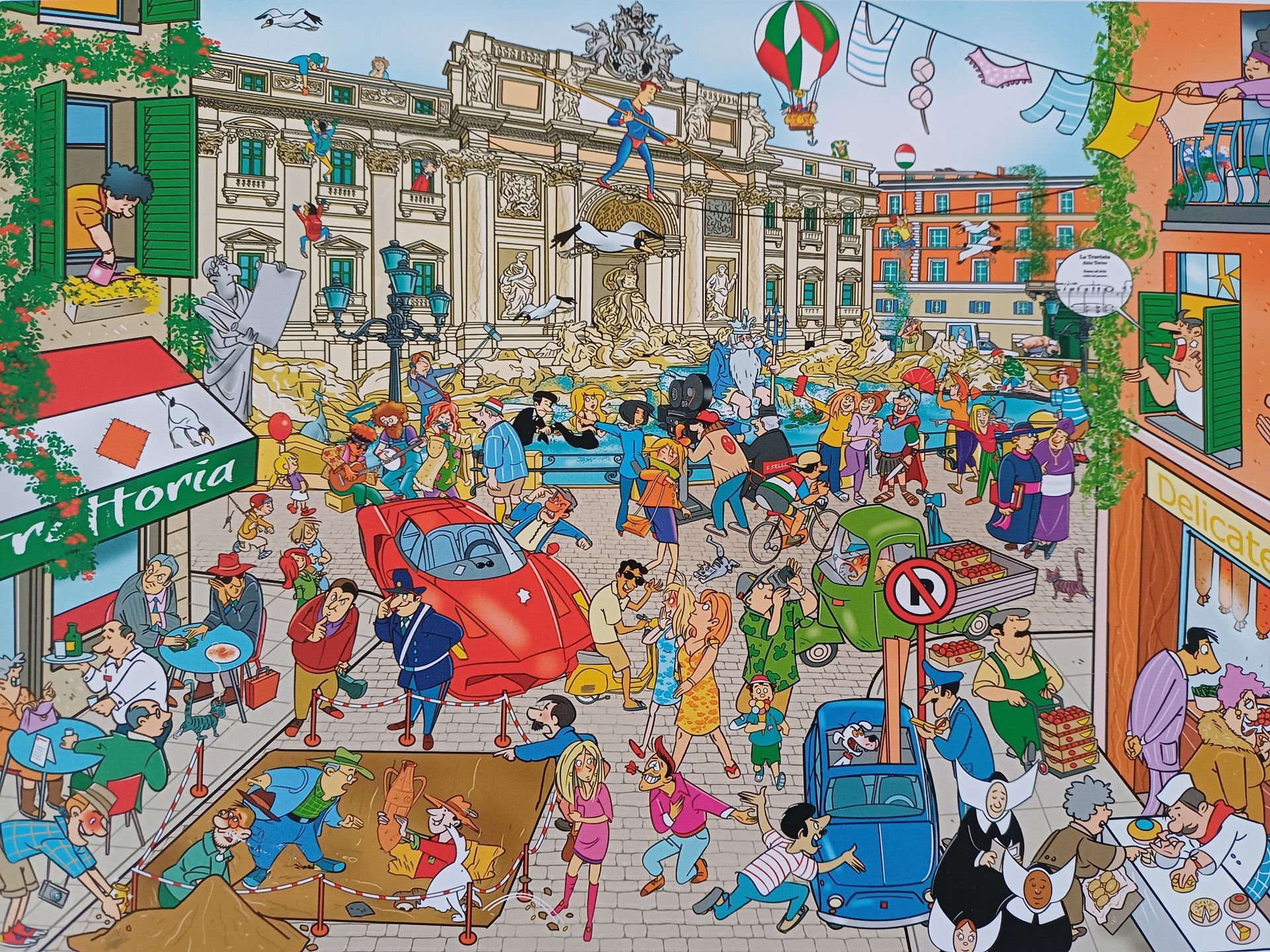 Puzzel van een drukke Romeinse straatscène met een groot gebouw en kleurrijke stripfiguren.