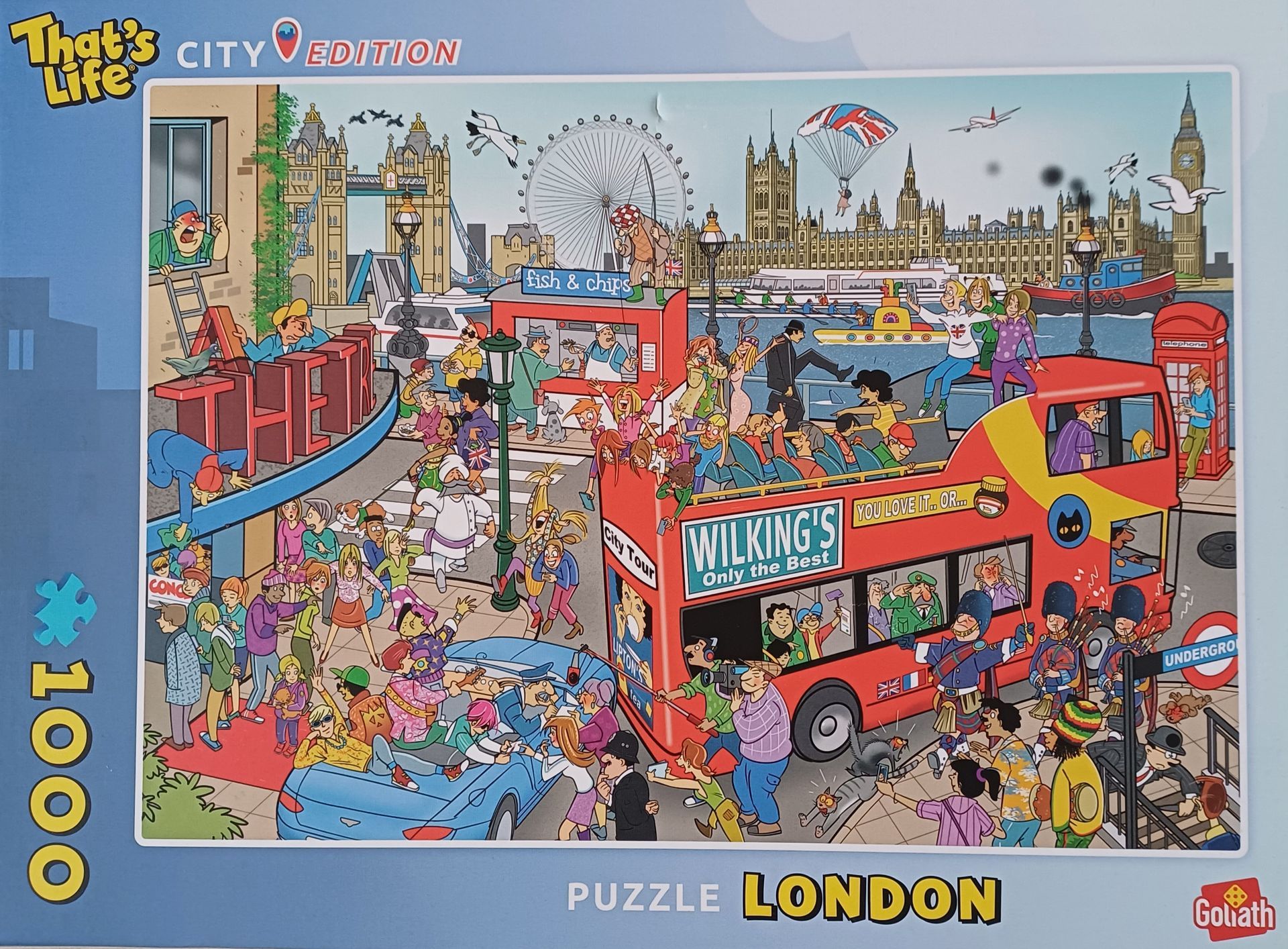 Een puzzel met een Londens thema, met een drukke scène van een dubbeldekkerbus, mensen en bezienswaardigheden.