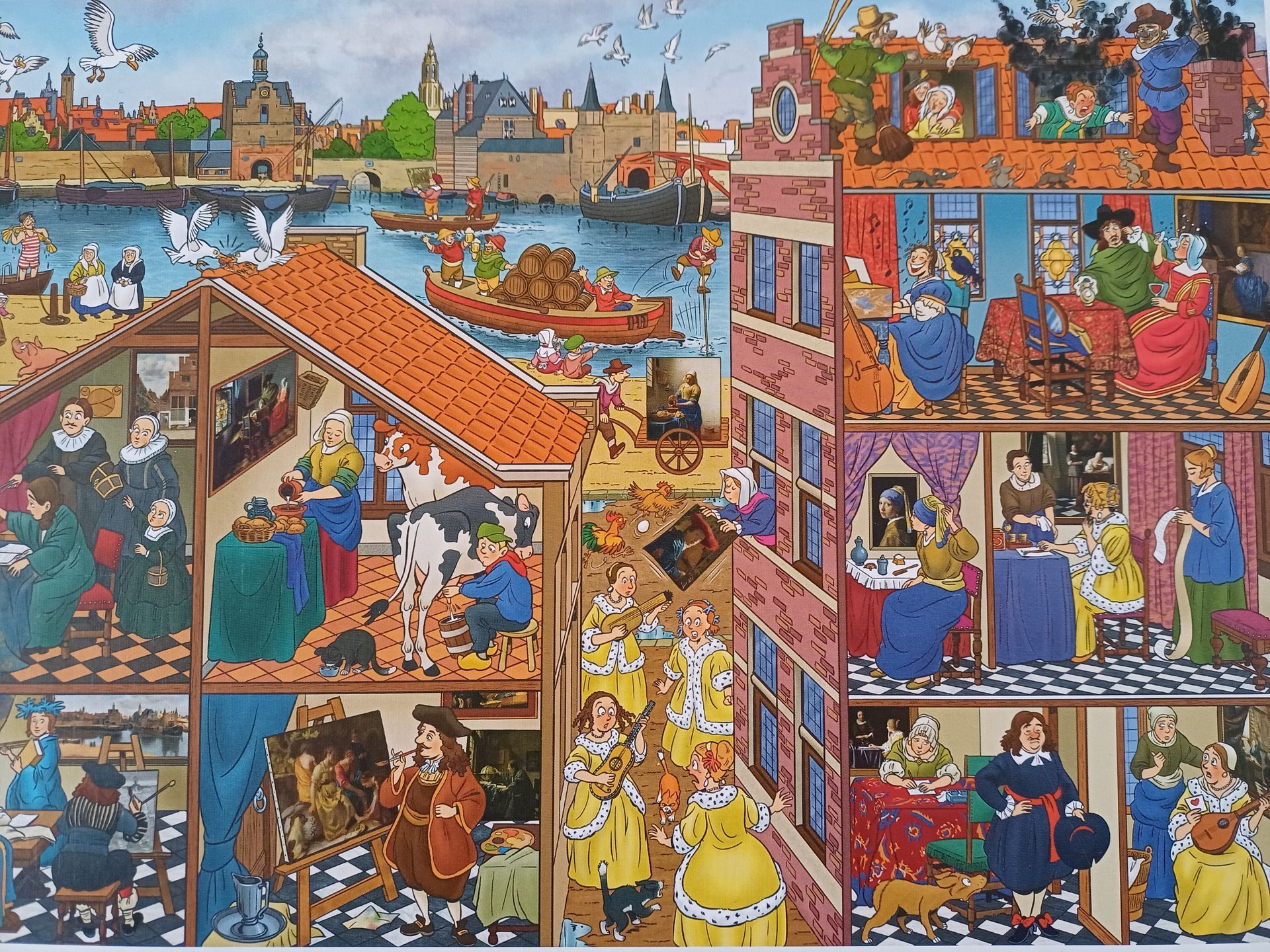 Puzzel van een gebouw en een kanaal, gevuld met mensen in historische kleding; met het opschrift