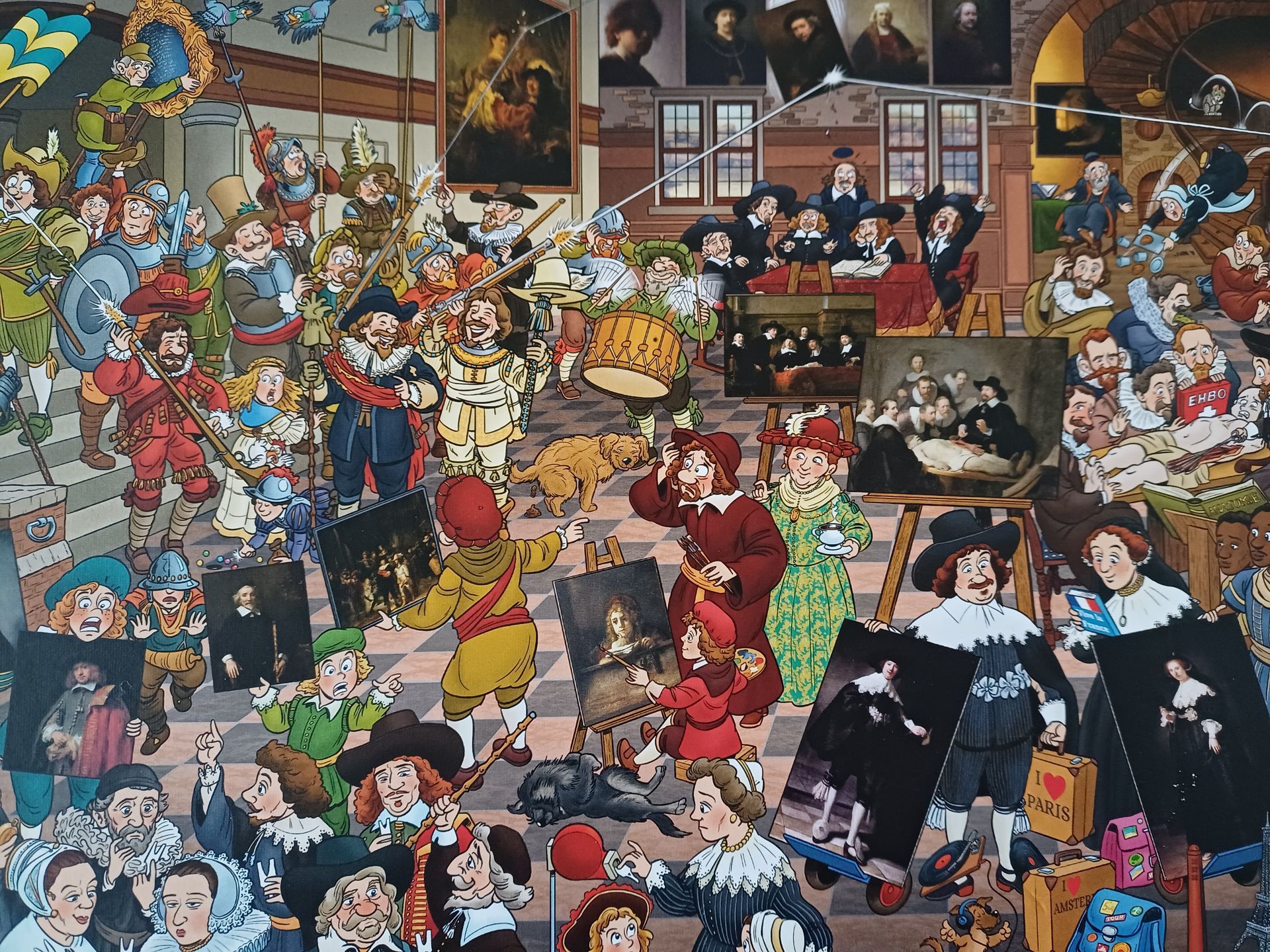 Puzzel: een overvolle galerij met stripfiguren en schilderijen, gebaseerd op de kunststijl van Rembrandt van Rijn.