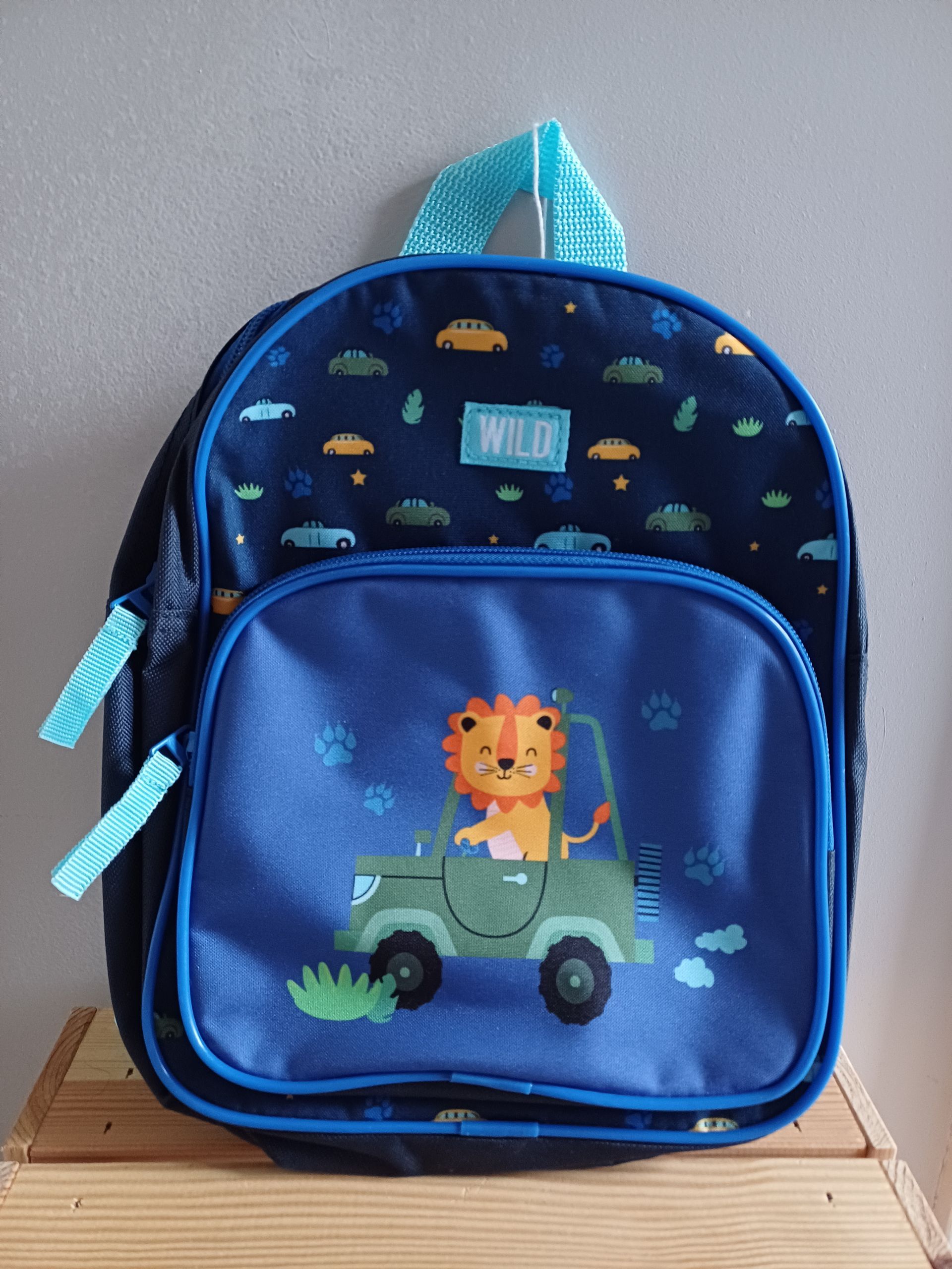 Kinderrugzak met leeuw en safari jeep print - donkerblauw.