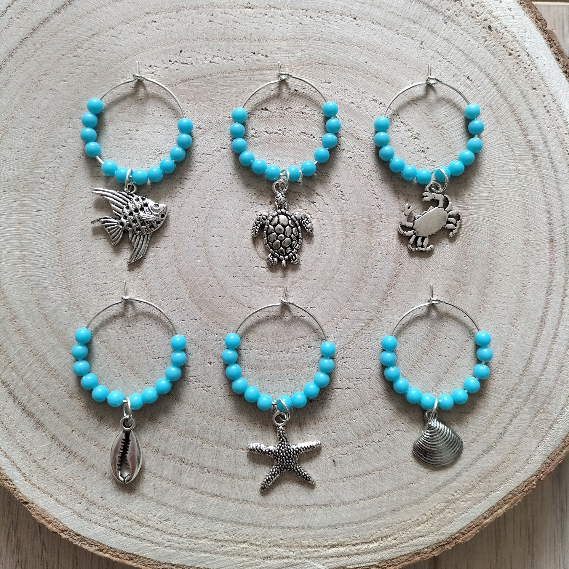 Wijnglasringen zeedieren met turquoise kraaltjes 6 stuks