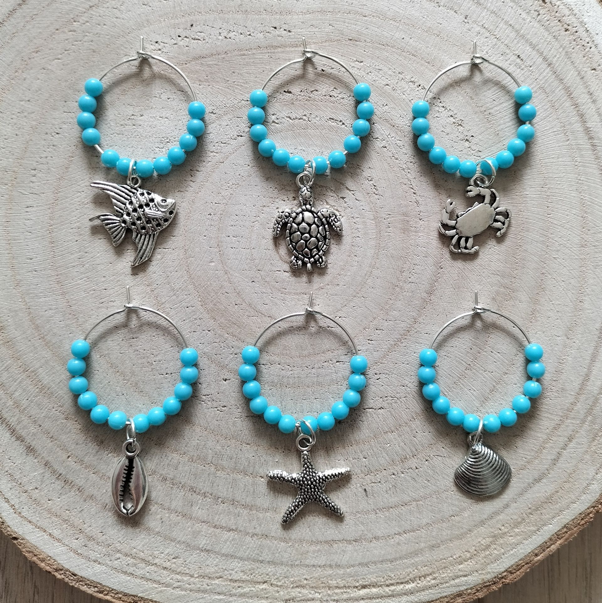 Wijnglasringen zeedieren met turquoise kraaltjes 6 stuks