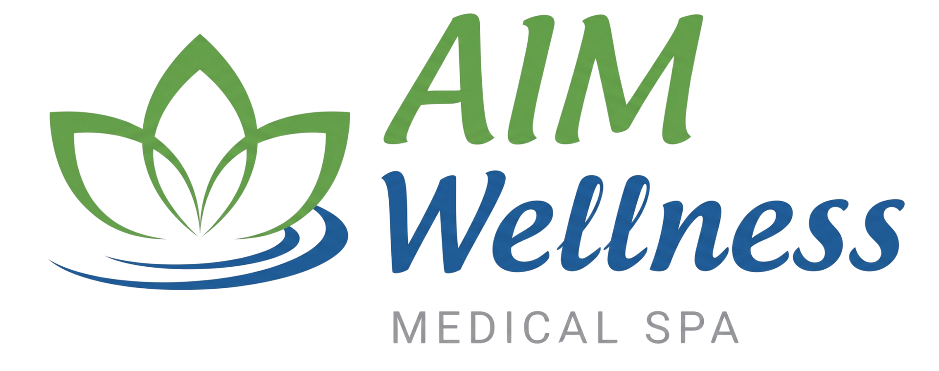 AIM Wellness Medical Spa logo with green leaf icon and blue-green text on a white background