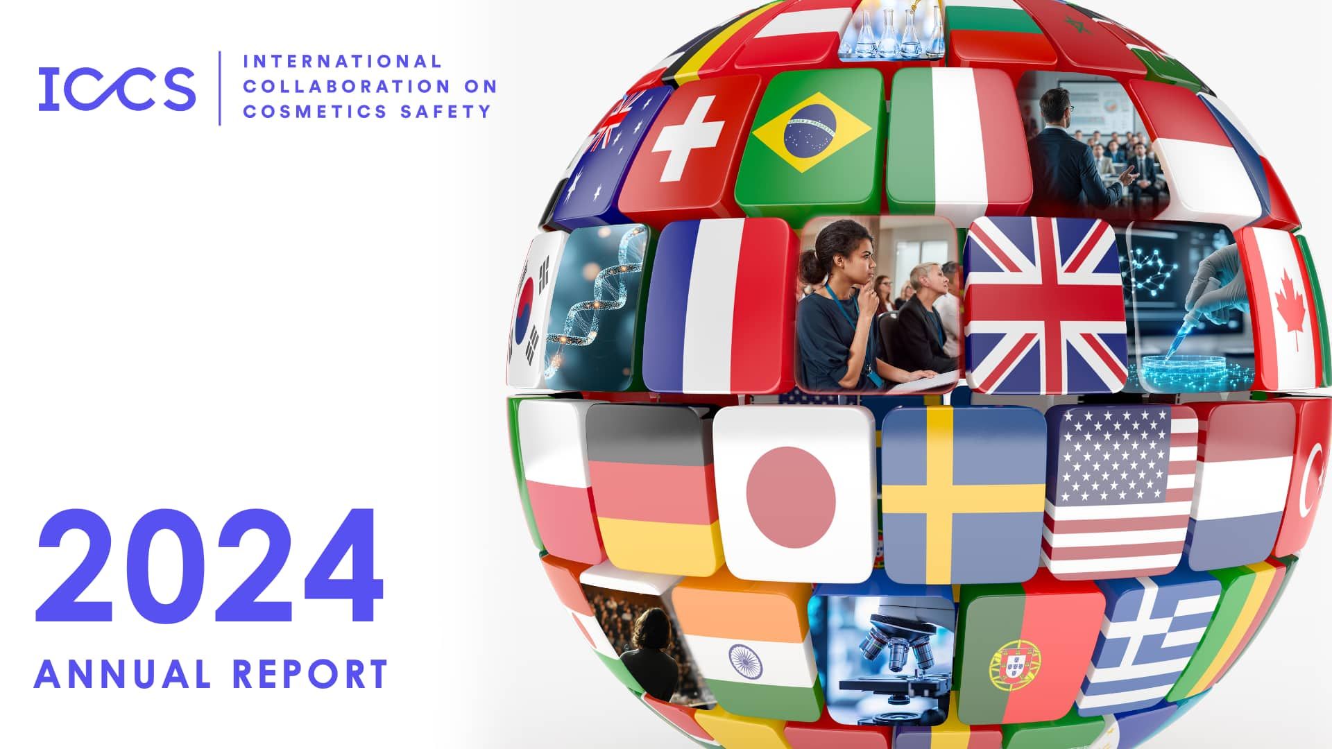 A globe made of flags from different countries with the year 2024 on it
