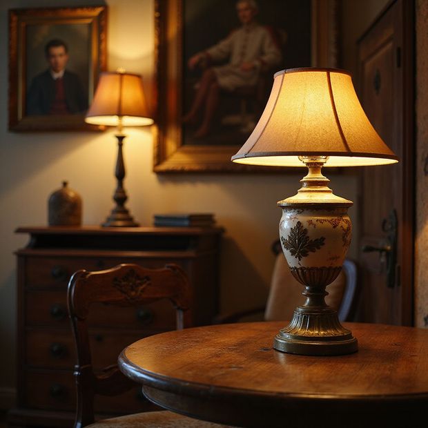 Cozy room with a lit lamp on a round wooden table. Another lamp and portraits are in the background.