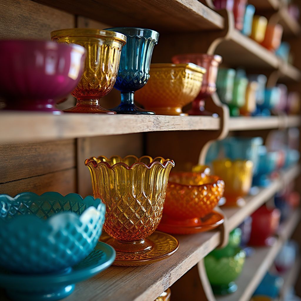 Colorful vintage glass bowls and goblets on wooden shelves.