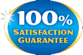 A blue and gold sticker that says `` 100 % satisfaction guarantee ''.