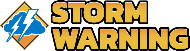 A logo for storm warning with a lightning bolt on it