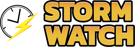 A logo for storm watch with a clock and lightning bolt