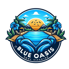 The logo for blue oasis pool care shows a sunset with palm trees in the foreground.