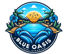 The logo for blue oasis pool care shows a small island in the middle of the ocean.