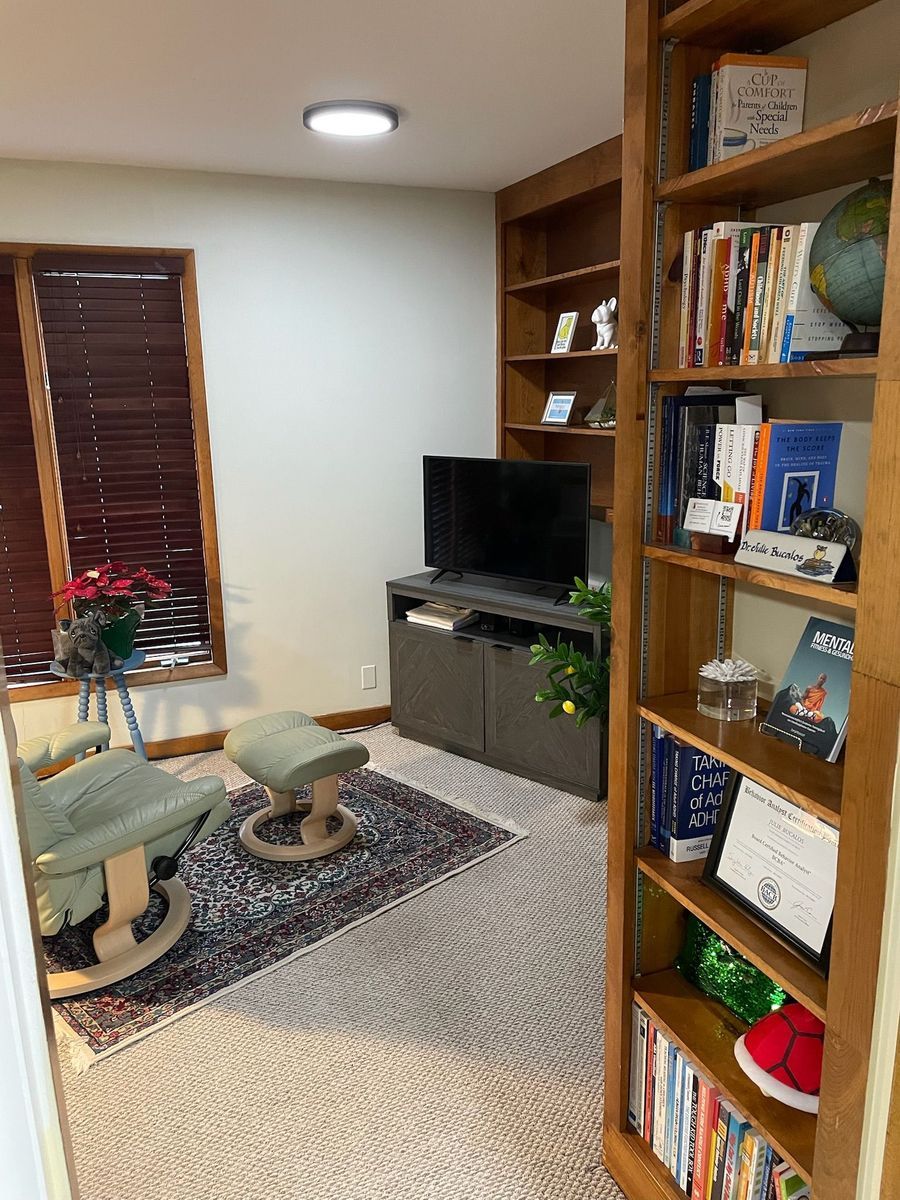 Cozy home office with a rocking chair, bookshelves, TV, and a small rug. Natural light streams in from the window with blinds.