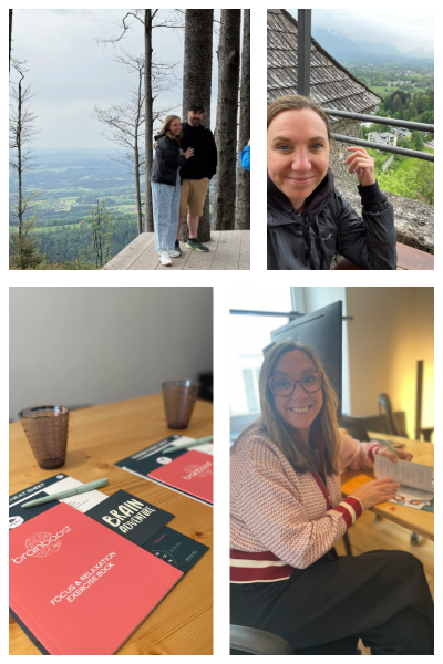 Collage of four photos. Top left: couple on a wooden deck overlooking a green valley. Top right: woman taking a selfie on a balcony. Bottom left: two drinks and papers on a table. Bottom right: woman working at a desk.