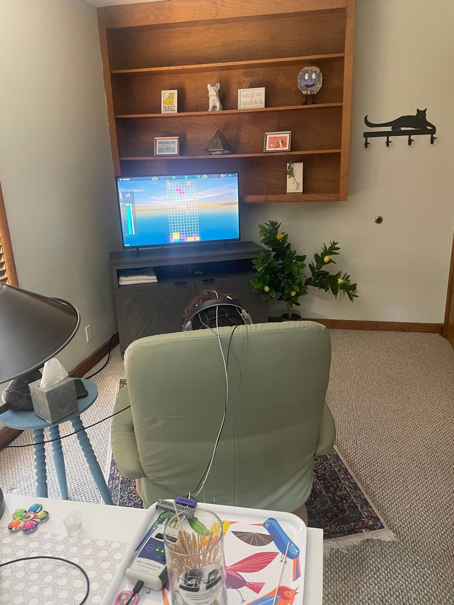 A person in a green recliner watches TV in a cozy room with a wooden bookshelf and potted plant.
