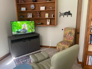 Cozy reading nook with TV, recliner, floral chair, bookshelf, and a shelf with decor.