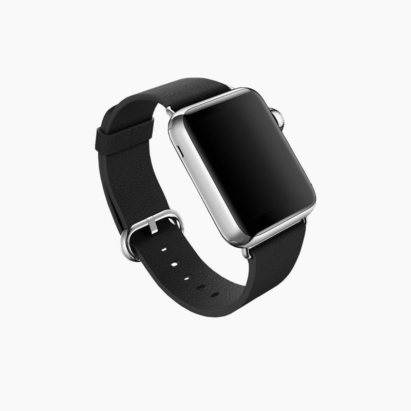 Un reloj de Apple con una correa negra sobre un fondo blanco.