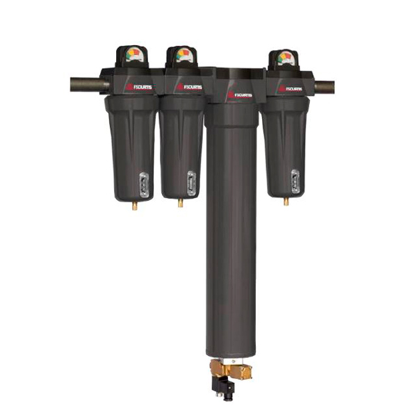 A black air filter with four filters attached to it on a white background. A black air filter with four filters attached to it on a white background.