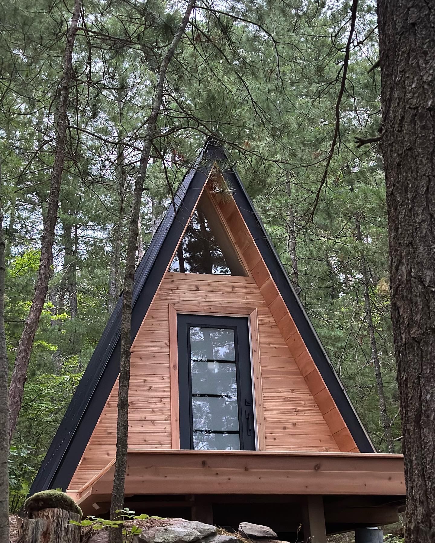 A-frame cabin made of wood and black accents, in a forest setting.