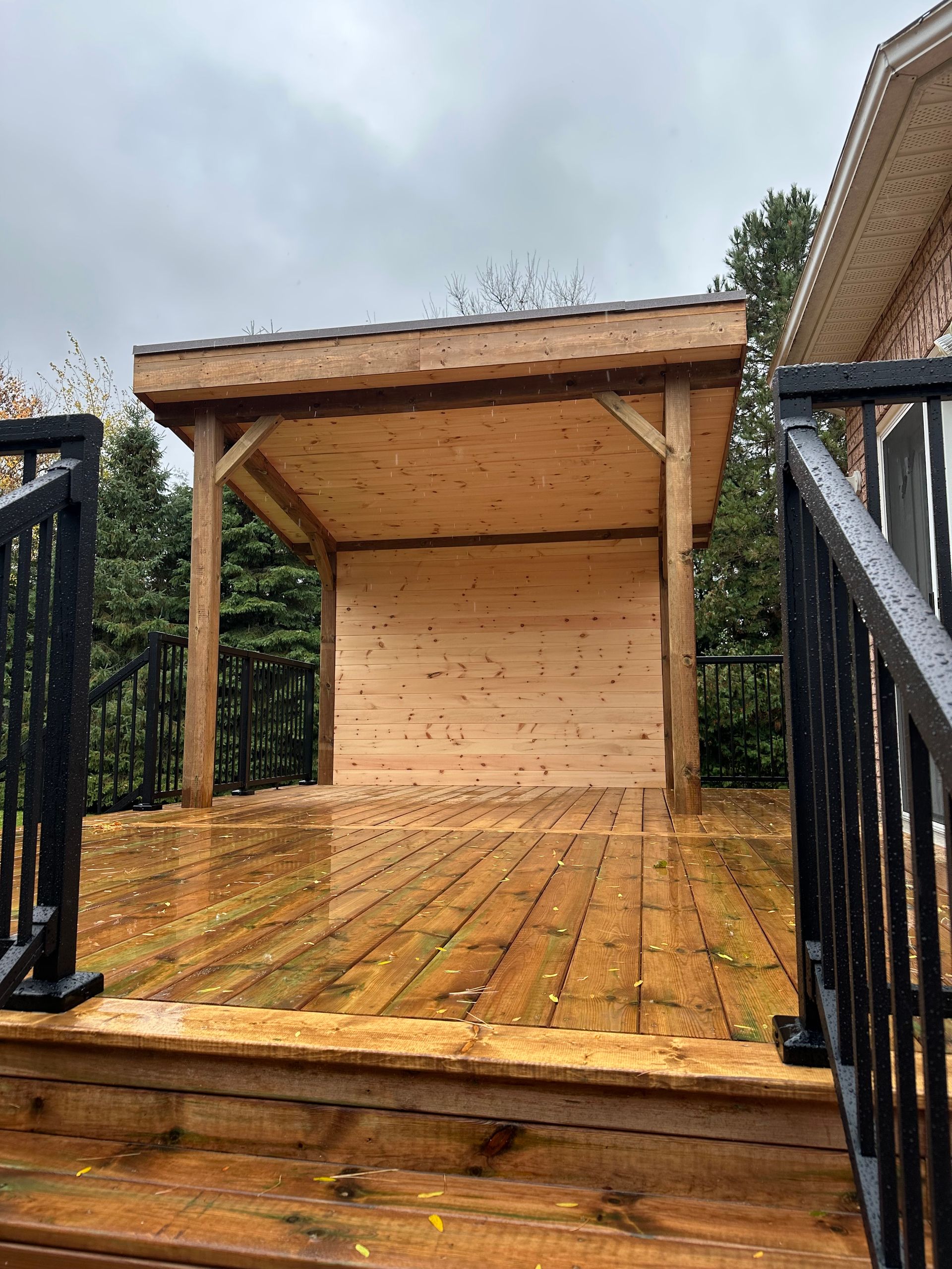 Wooden deck with a covered structure; black railings. Trees in the background. Overcast sky.