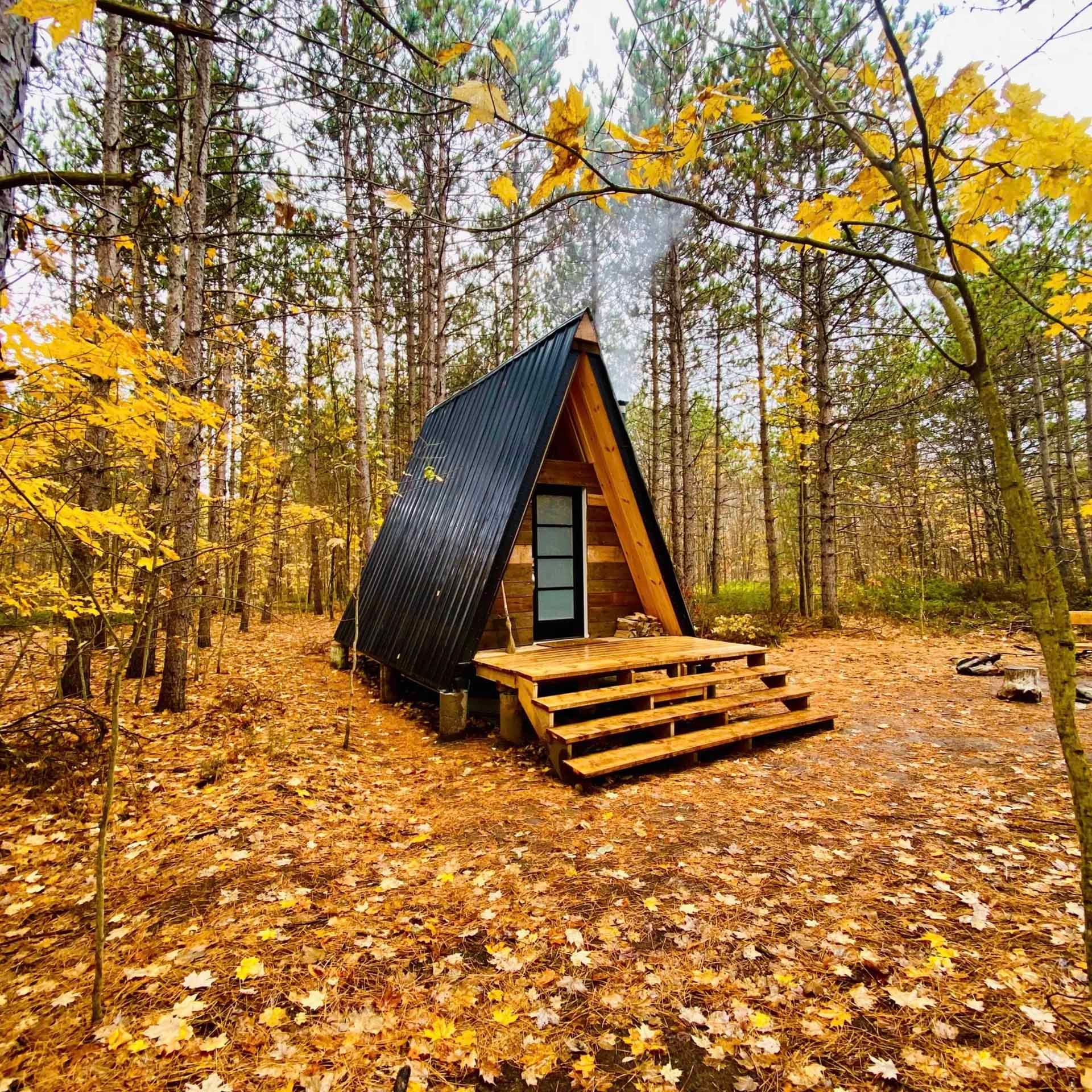 A-frame cabin nestled in autumn woods; yellow leaves surround the building, smoke rising from the chimney.