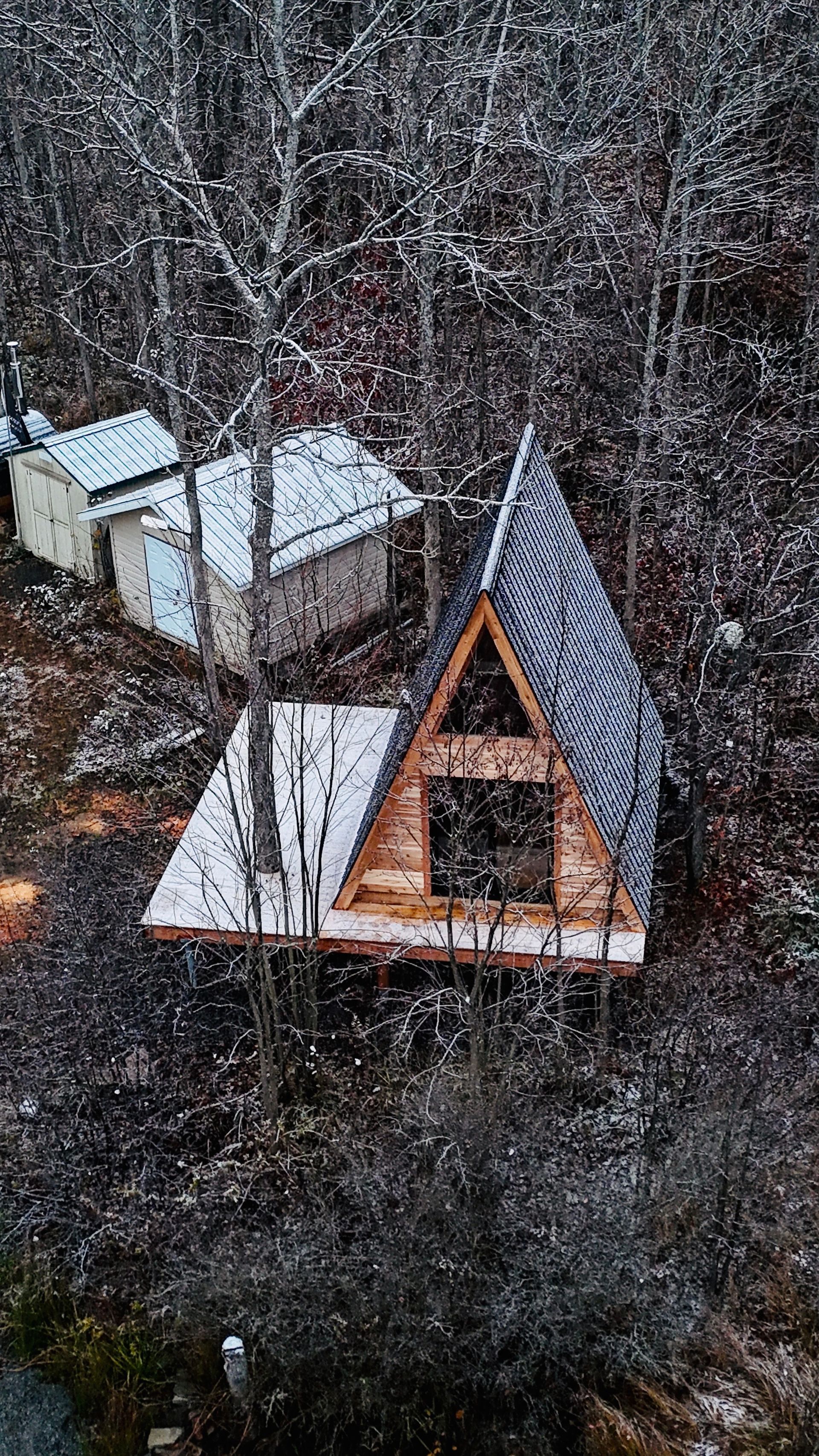 A-frame cabin and small shed in a snowy forest. Roof and ground covered in snow.