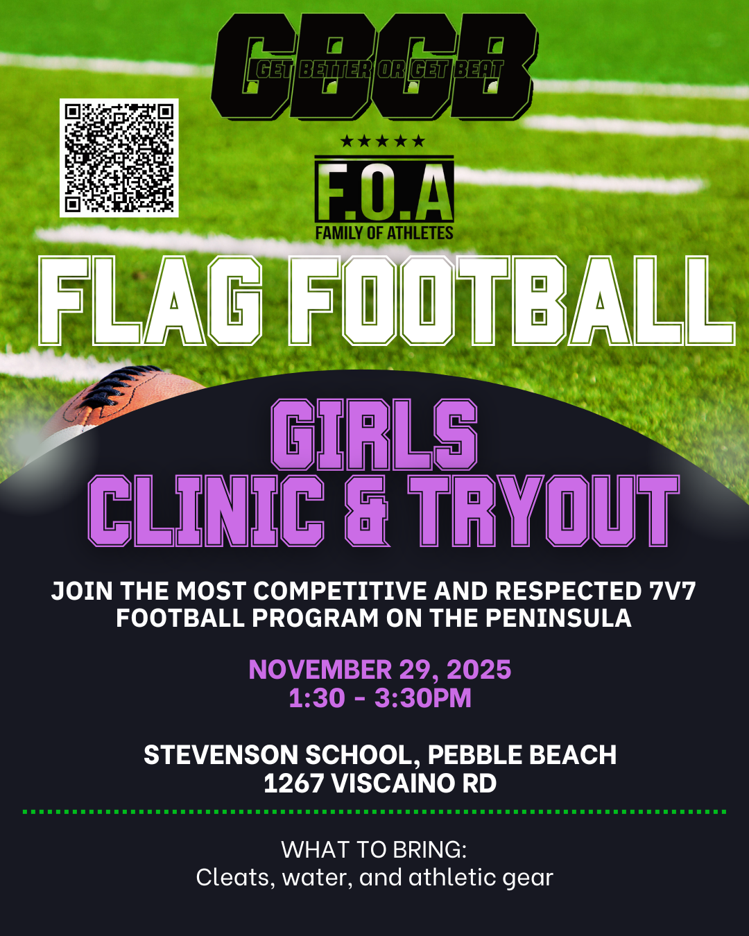 Flyer for a girls' flag football clinic and tryout at Stevenson School in Pebble Beach. November 29, 2025, 1:30-3:30PM.