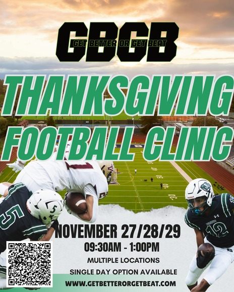 Football clinic advertisement: green text on a field, players in action, November 27-29, 9:30 AM-1:00 PM, website listed.