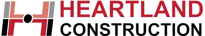 Heartland Construction logo with red and black text on a white background.