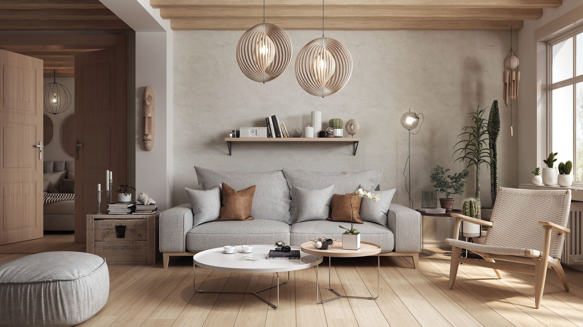 Cozy living room with neutral tones, light wood, and plants. A sofa, coffee tables, and a wooden chair are visible.
