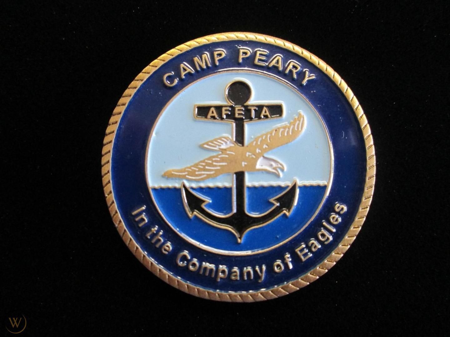 Camp Peary coin with an anchor, eagle, and text 