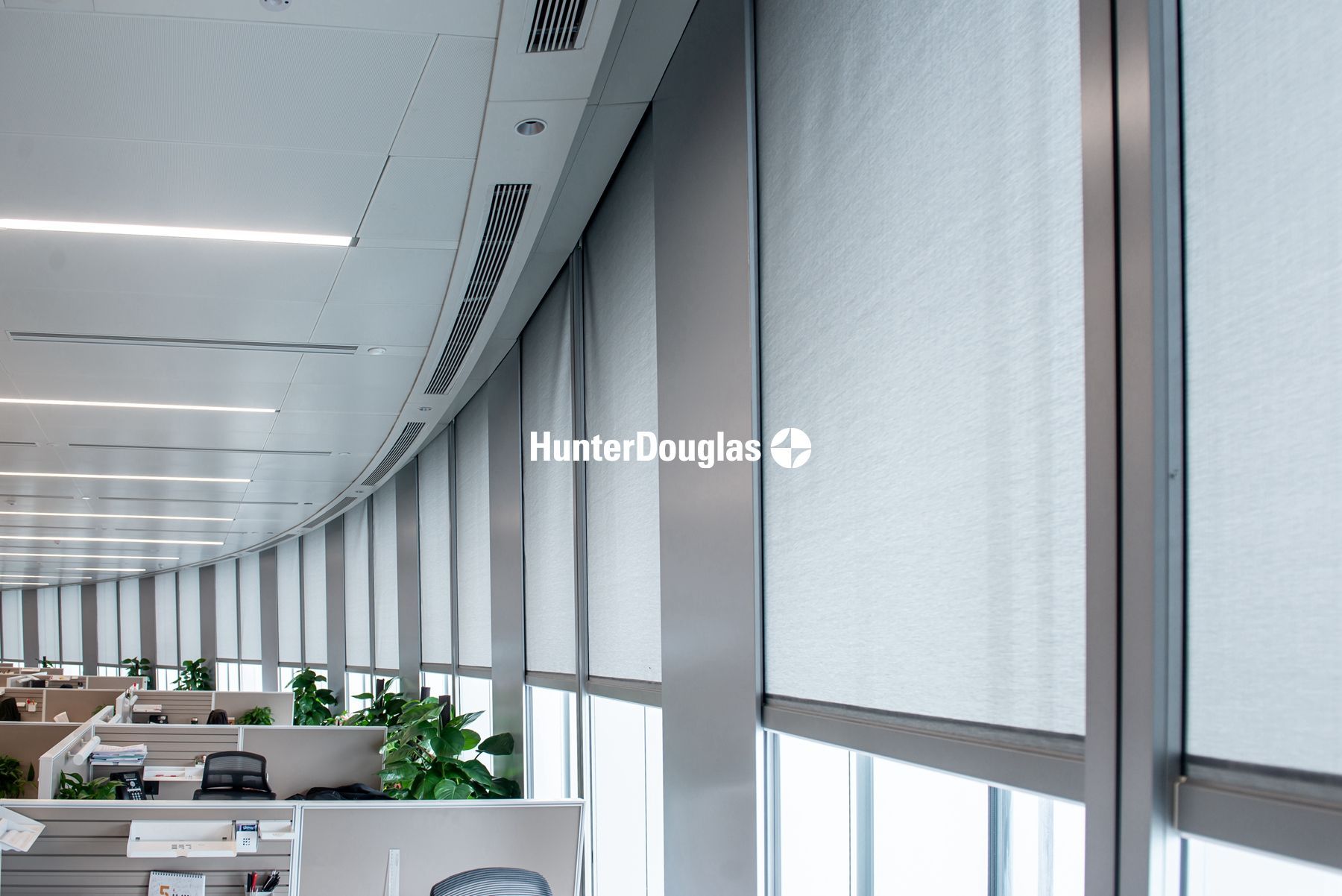 Office interior with curved wall of windows, white roller shades, and open workspaces.