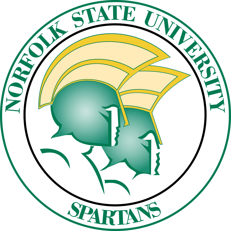 Norfolk State University Spartans seal: two green Spartan helmet profiles, yellow accents, and text 