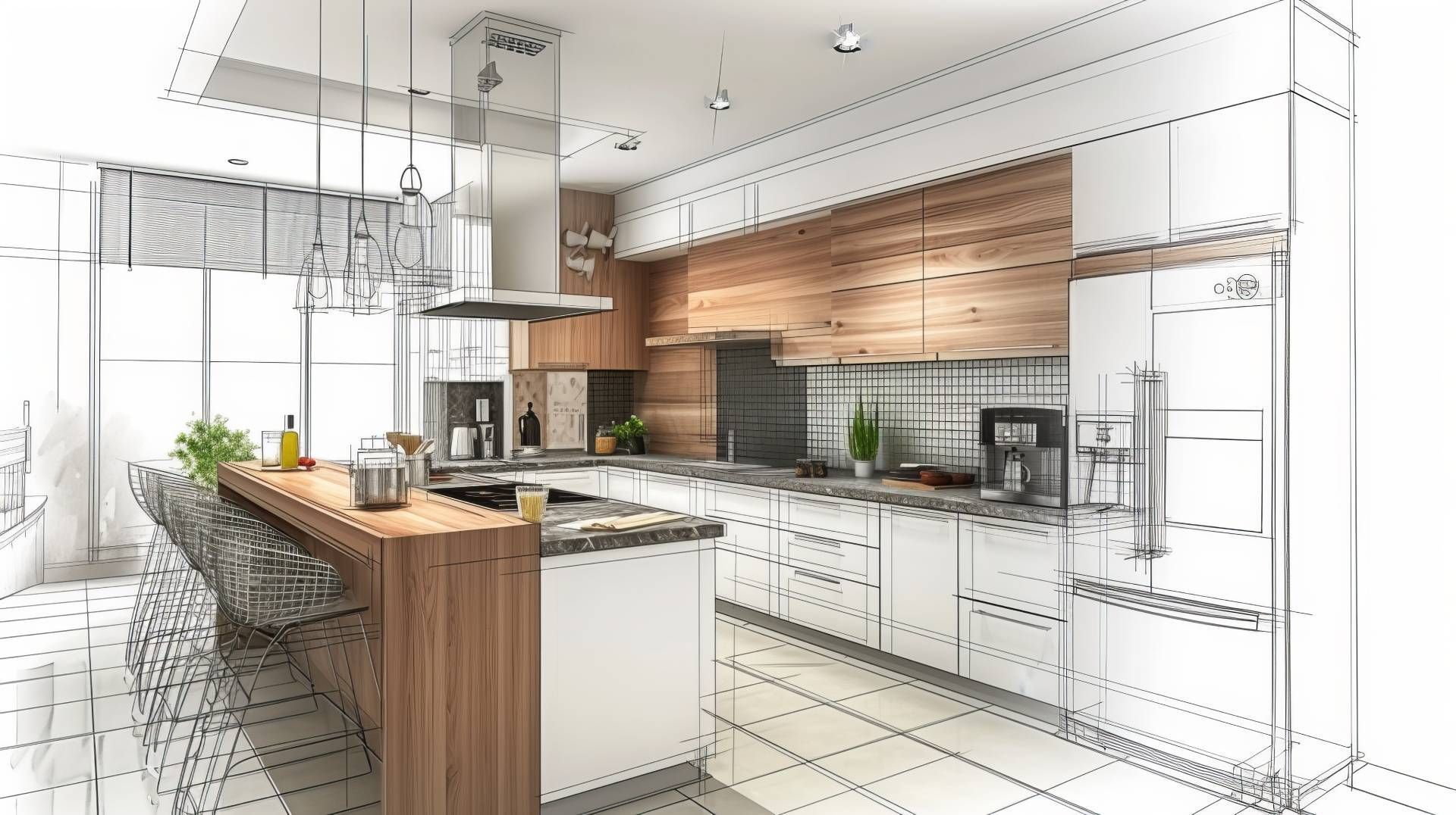 Modern kitchen design sketch with white cabinets, wood accents, and island with seating.