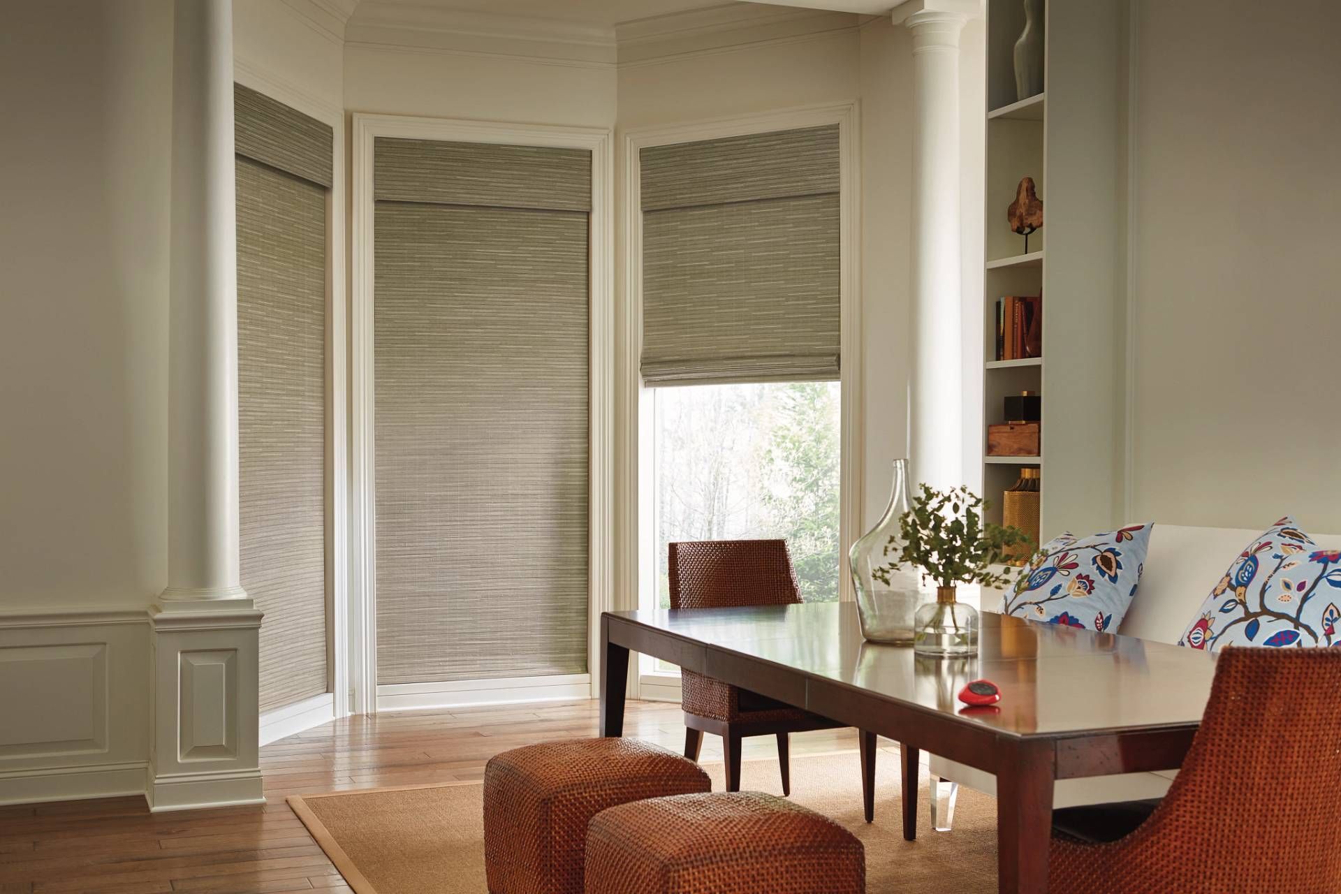 Hunter Douglas Provenance® Woven Wood Shades in a dining room near Newport News, Virginia (VA)