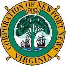 Seal of Newport News, Virginia: green and gold ring with tree, ships, and text.