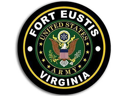 Fort Eustis, Virginia, U.S. Army emblem. Black and gold circular design with an eagle and text.