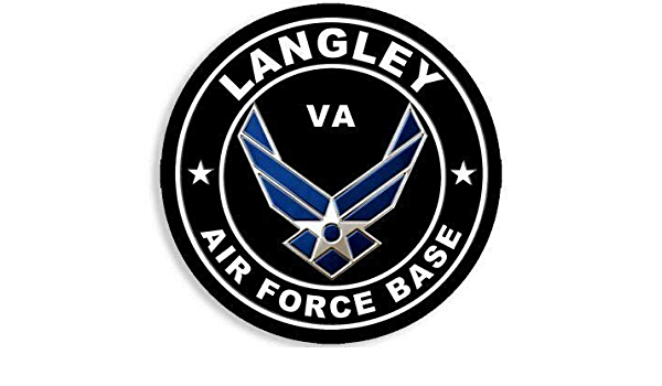 Langley Air Force Base logo: black and white circular design with the Air Force symbol in blue and a silver star, reading 