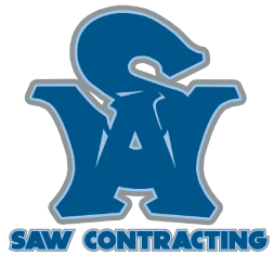 Blue and gray logo for SAW Contracting. The letters S, A, and W are interlocked. 